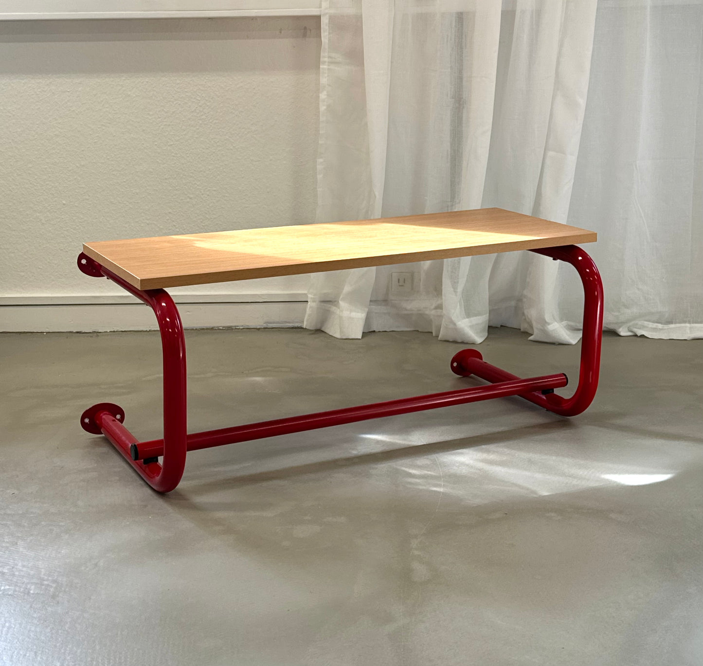 Red and wooden rear shelf
