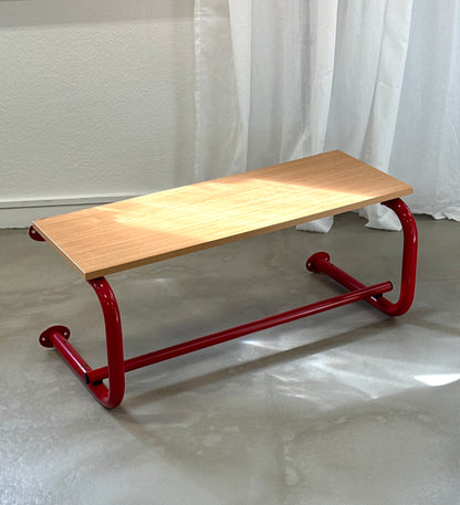 Red and wooden rear shelf