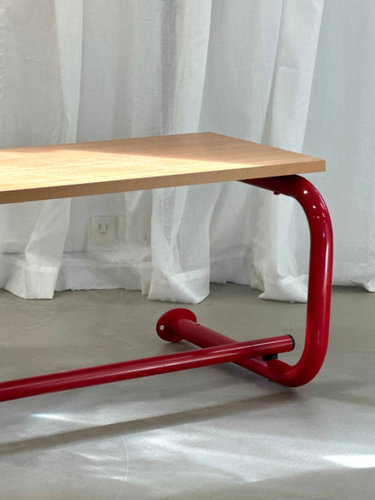 Red and wooden rear shelf
