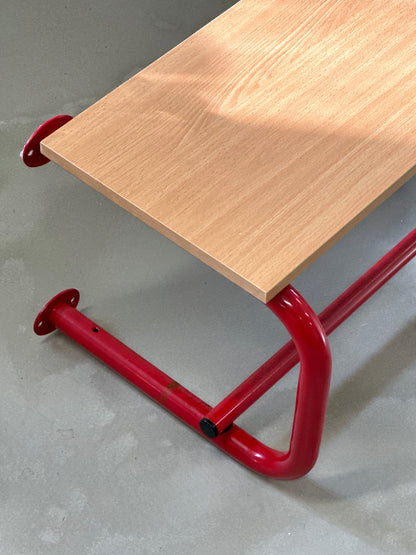 Red and wooden rear shelf