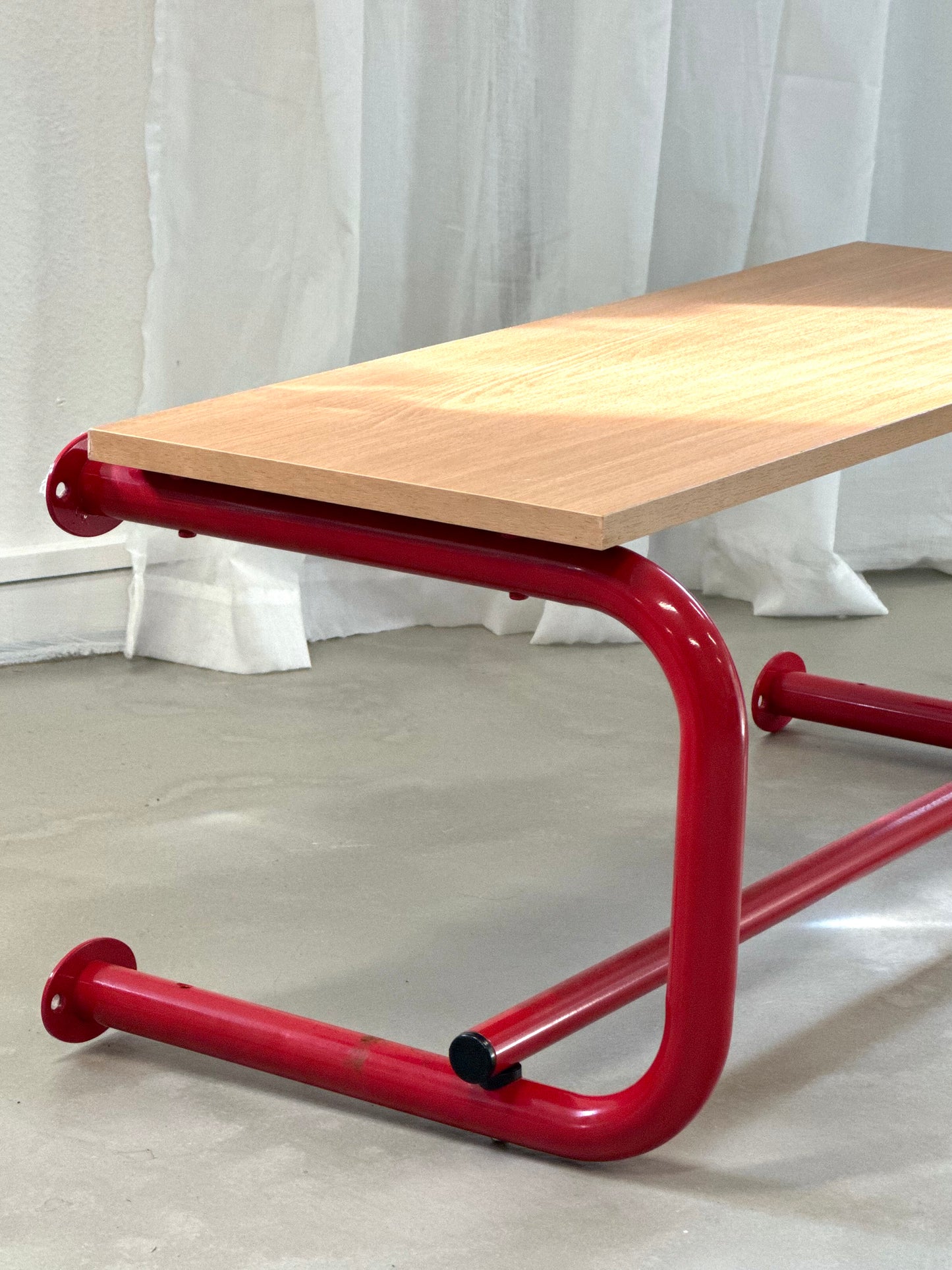 Red and wooden rear shelf